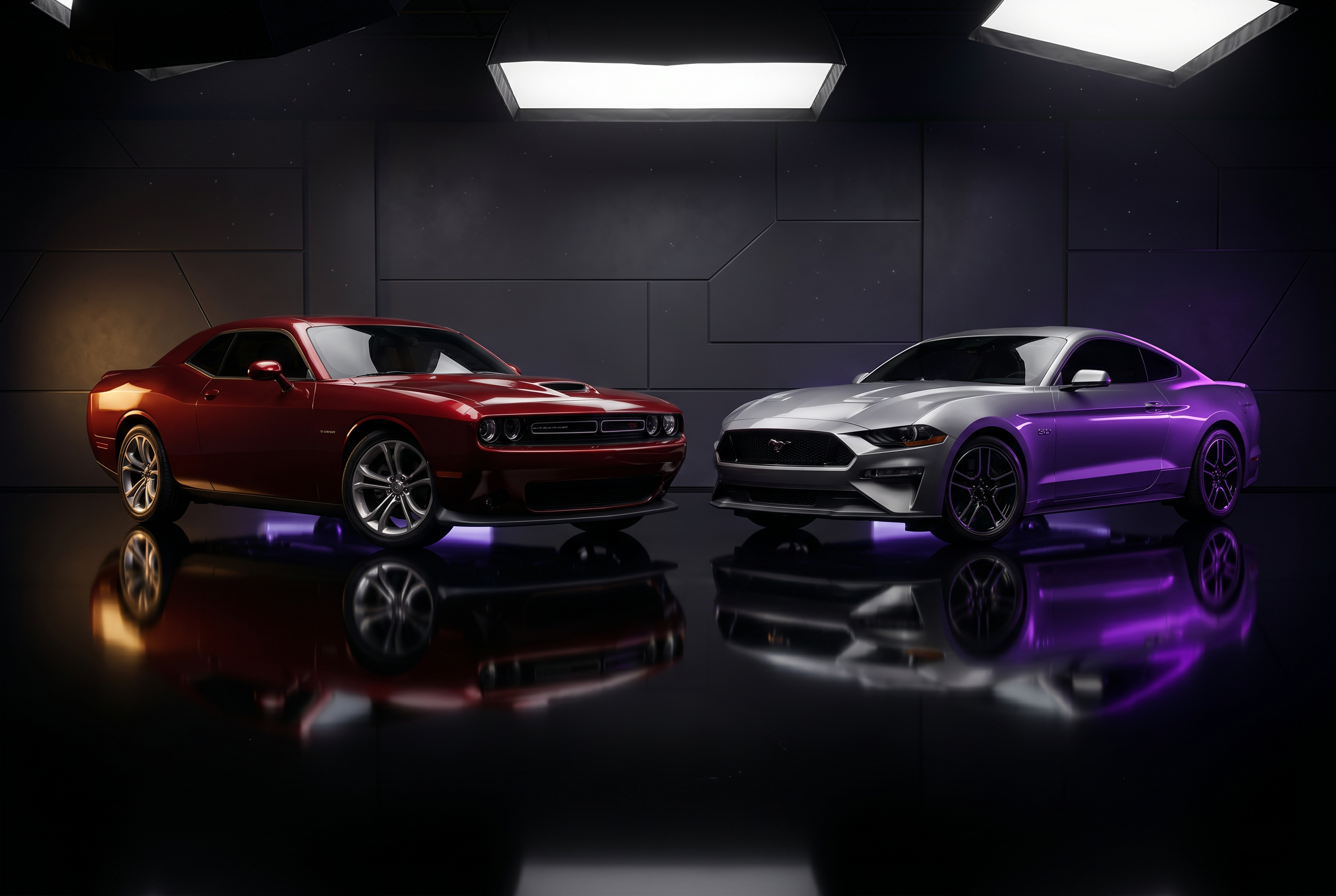 Premium luxury car under purple and gold lighting